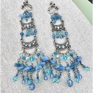 Vintage Chandelier Earrings Blue Glass Crystal Screwback Statement 60s 70s